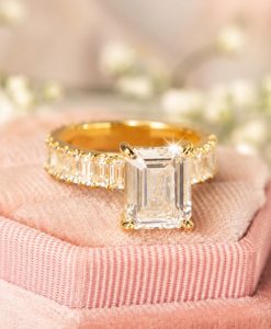 3.5 CT Emerald Cut Lab Grown Diamond Engagement Ring in 14K/18K Gold | Half Eternity Diamond Band
