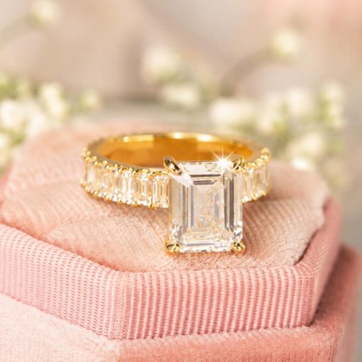 3.5 CT Emerald Cut Lab Grown Diamond Engagement Ring in 14K/18K Gold | Half Eternity Diamond Band