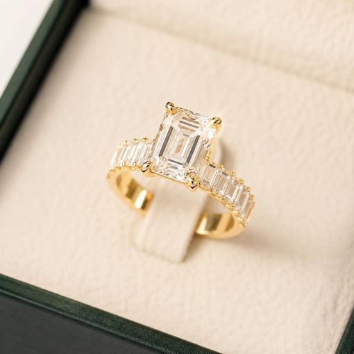 3.5 CT Emerald Cut Lab Grown Diamond Engagement Ring in 14K/18K Gold | Half Eternity Diamond Band