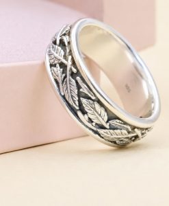 8mm Sterling Silver Leaf Ring | Feather Nature Inspired Rustic Woodland Wedding Band - Image 4