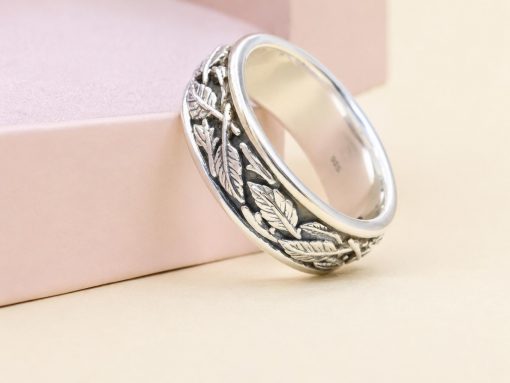 8mm Sterling Silver Leaf Ring | Feather Nature Inspired Rustic Woodland Wedding Band