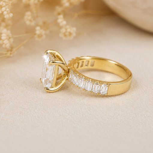 3.5 CT Emerald Cut Lab Grown Diamond Engagement Ring in 14K/18K Gold | Half Eternity Diamond Band