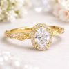 Oval Lab Diamond Halo Engagement Ring, Vintage Nature Inspired Leaf Ring