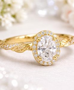 Oval Lab Diamond Halo Engagement Ring, Vintage Nature Inspired Leaf Ring - Image 3