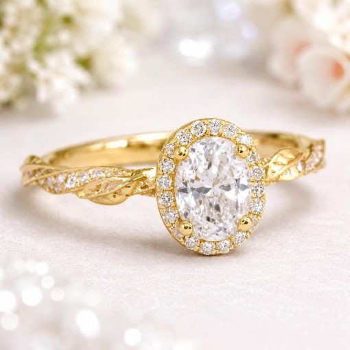 Oval Lab Diamond Halo Engagement Ring, Vintage Nature Inspired Leaf Ring