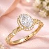 Oval Lab Diamond Halo Engagement Ring, Vintage Nature Inspired Leaf Ring