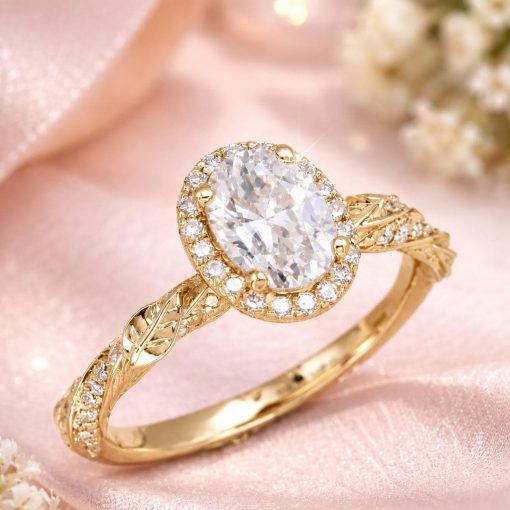Oval Lab Diamond Halo Engagement Ring, Vintage Nature Inspired Leaf Ring