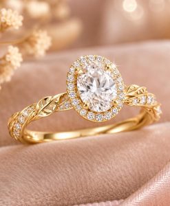 Oval Lab Diamond Halo Engagement Ring, Vintage Nature Inspired Leaf Ring - Image 5
