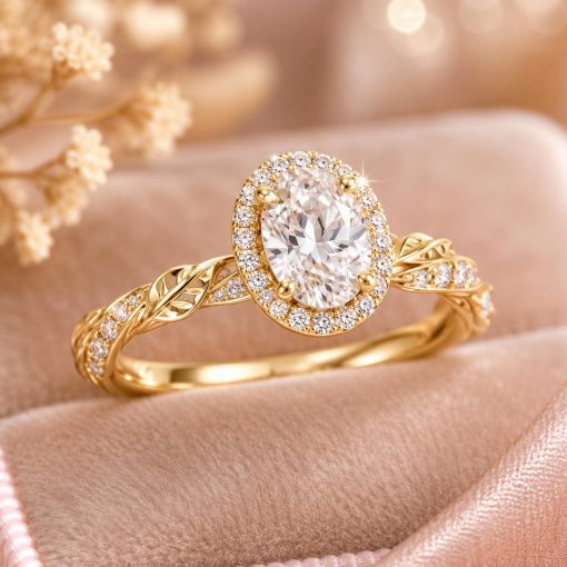 Oval Lab Diamond Halo Engagement Ring, Vintage Nature Inspired Leaf Ring