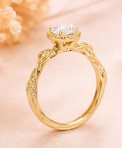 Oval Lab Diamond Halo Engagement Ring, Vintage Nature Inspired Leaf Ring - Image 4
