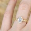 Oval Lab Diamond Halo Engagement Ring, Vintage Nature Inspired Leaf Ring