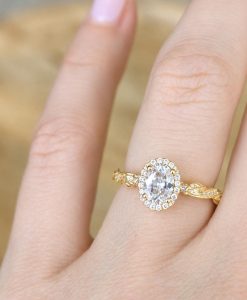 Oval Lab Diamond Halo Engagement Ring, Vintage Nature Inspired Leaf Ring - Image 2