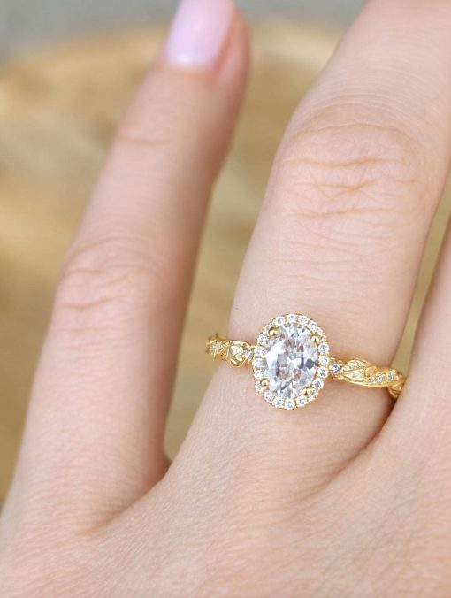 Oval Lab Diamond Halo Engagement Ring, Vintage Nature Inspired Leaf Ring
