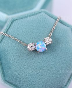 14k Gold Opal Necklace: Trio Moissanite, Past Present Future - Image 4